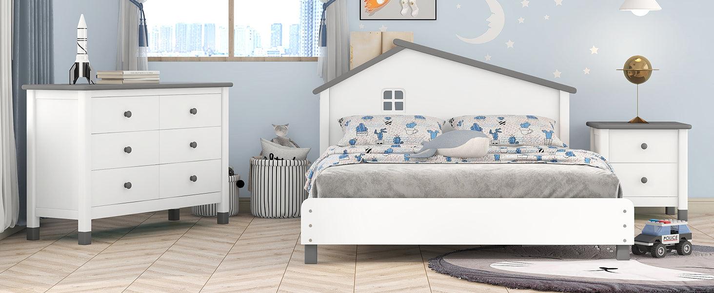 3-Pieces Bedroom Sets Full Size Platform Bed with Nightstand and Storage dresser,White+Gray