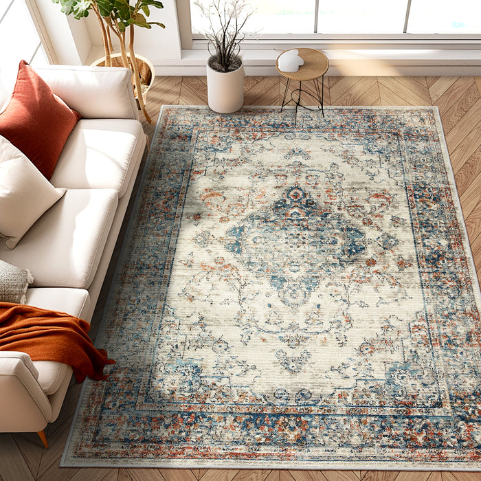 Area Rug 5x7 Vintage Bohemia Large Persian Non-slip Washable Rug For Living Room Kitchen Bedroom Living Room Flower Design Blue/Yellow - DTYStore