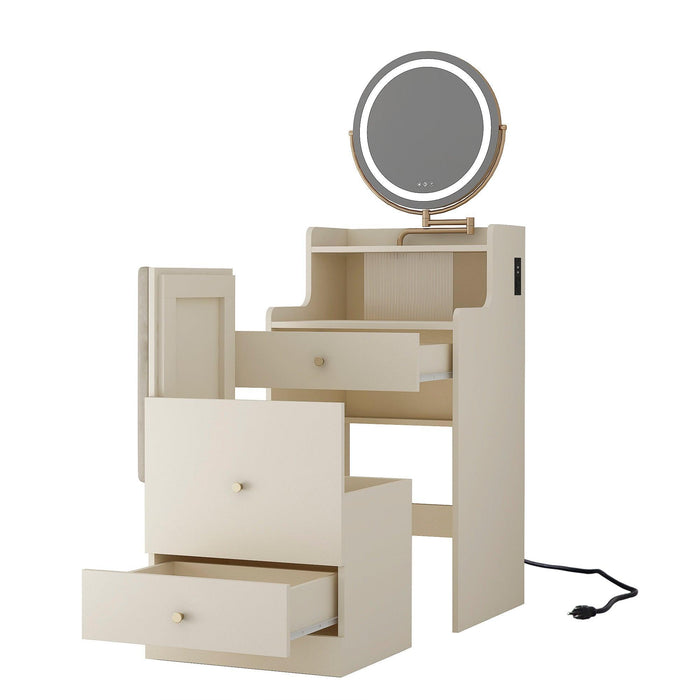 Compact 3 in 1 Vanity Desk with Mirror, Light, Drawers, and Upholstered Stool