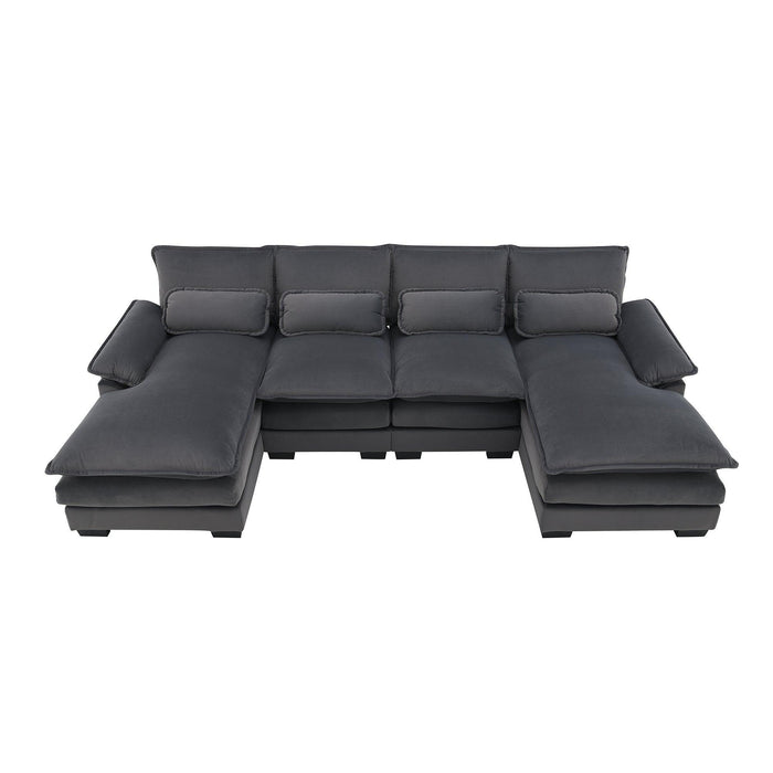 Modern U-shaped Sectional Sofa with Waist Pillows, Sleeper Couch with Chaise Lounge,6-seat Upholstered Symmetrical Sofa