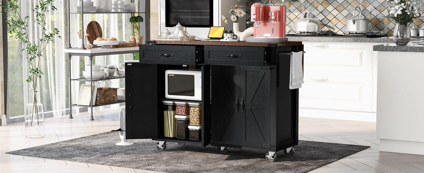 K&K 53.5''Farmhouse Kitchen Island with Power Outlet, Kitchen Storage Island with Drop Leaf, Spice Rack and Drawer, Rolling Kitchen Cart on Wheels, for Home, Kitchen and Dining Room, Black