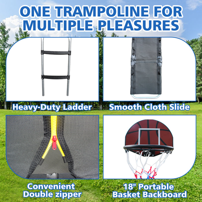 10FT Trampoline with Enclosure - Recreational Trampolines with Ladder and Anti Rust Coating, Pumpkin-shaped Trampoline with Slide and Basket Board, ASTM Approval Outdoor Trampoline for Kids - DTYStore