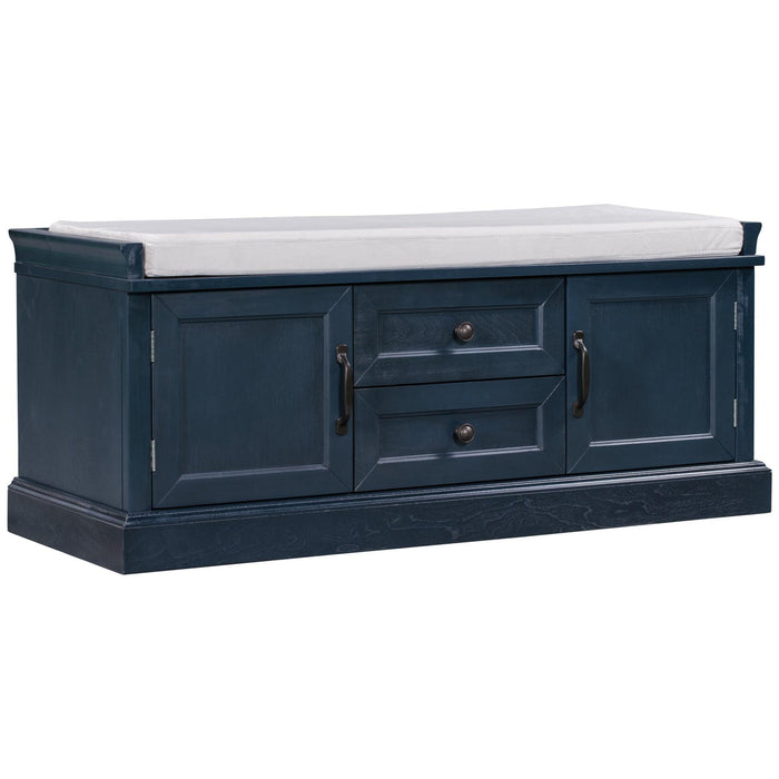 TREXM Storage Bench with 2 Drawers and 2 Cabinets, Shoe Bench with Removable Cushion for Living Room, Entryway (Antique Navy)