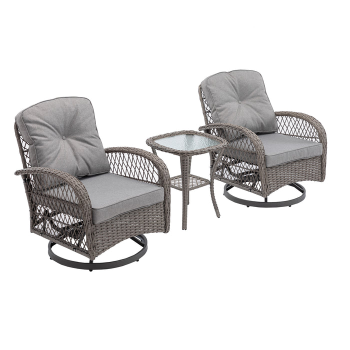3 Pieces Outdoor Swivel Rocker Patio Chairs, 360 Degree Rocking Patio Conversation Set with Thickened Cushions and Glass Coffee Table for Backyard, Grey - DTYStore