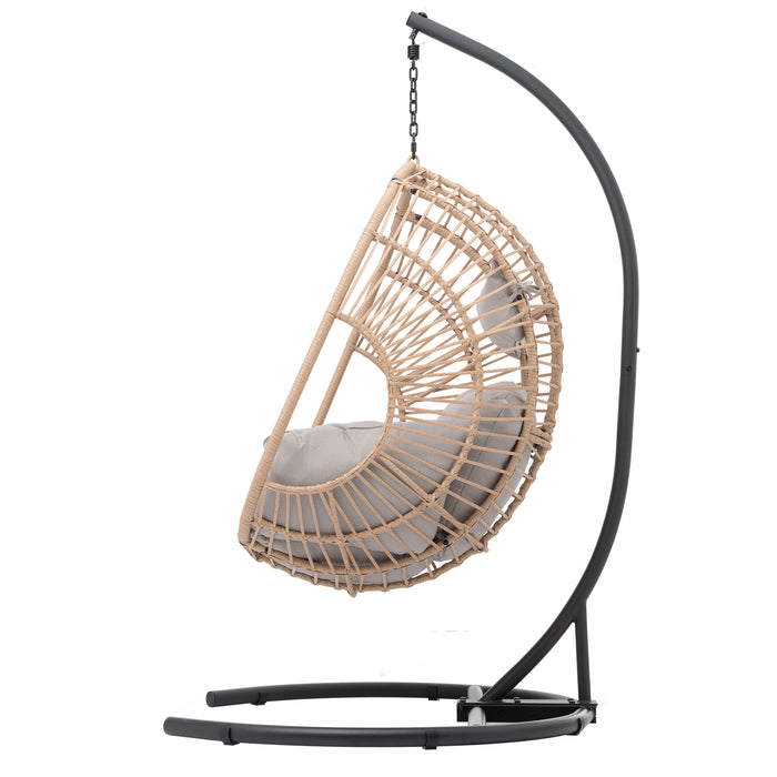 Outdoor Indoor Swing Egg Chair Natural color wicker with beige cushion - DTYStore