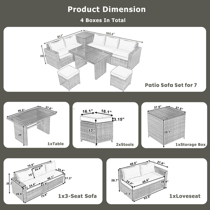Outdoor 6-Piece All Weather PE Rattan Sofa Set, Garden Patio Wicker Sectional Furniture Set with Adjustable Seat, Storage Box, Removable Covers and Tempered Glass Top Table,Grey - DTYStore
