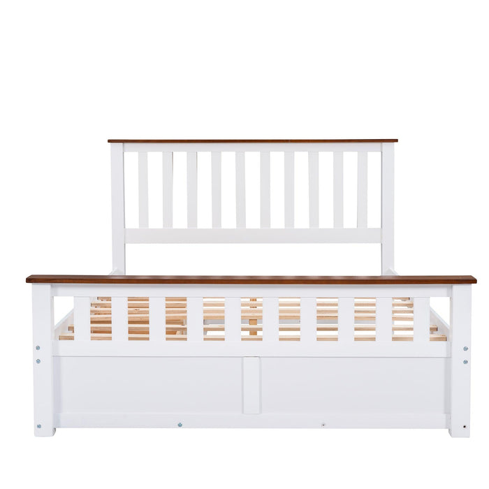 Queen Size Wood Platform Bed with Two Drawers and Wooden Slat Support,White+walnut