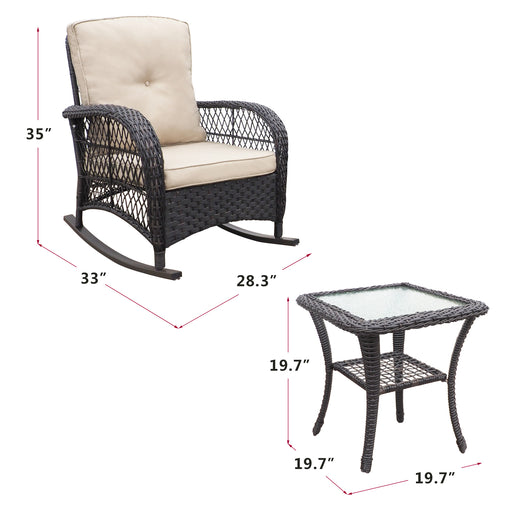 3 Pieces Conversation Set, Outdoor Wicker Rocker Patio Bistro Set, Rocking Chair with Glass Top Side Table - DTYStore
