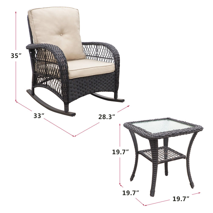 3 Pieces Conversation Set, Outdoor Wicker Rocker Patio Bistro Set, Rocking Chair with Glass Top Side Table - DTYStore