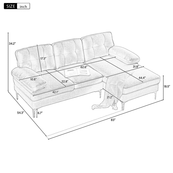 83" Modern Sectional Sofas Couches Velvet L Shaped Couches for Living Room, Bedroom, Light Grey