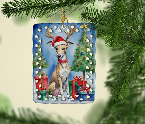 Whippet Christmas Reindeer Porcelain Ornament Christmas Tree Hanging Decorations for Home Christmas Holiday, Rectangle, Gift, Multicolor - DTYStore