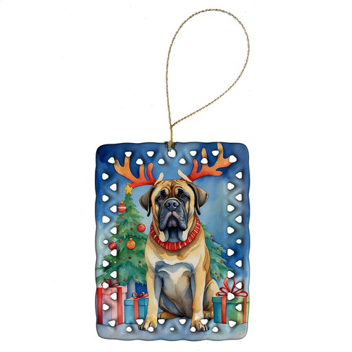 Mastiff Christmas Reindeer Porcelain Ornament Christmas Tree Hanging Decorations for Home Christmas Holiday, Rectangle, Gift, Multicolor - DTYStore