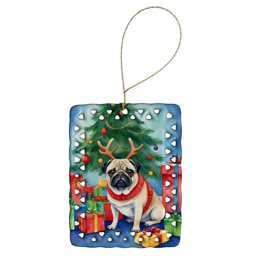 Pug Christmas Reindeer Porcelain Ornament Christmas Tree Hanging Decorations for Home Christmas Holiday, Rectangle, Gift, Multicolor - DTYStore