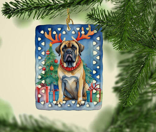 Mastiff Christmas Reindeer Porcelain Ornament Christmas Tree Hanging Decorations for Home Christmas Holiday, Rectangle, Gift, Multicolor - DTYStore