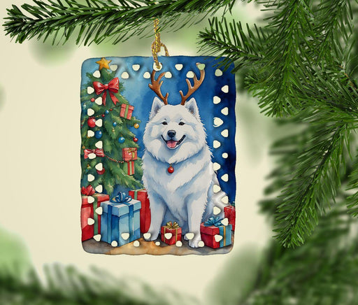 Samoyed Christmas Reindeer Porcelain Ornament Christmas Tree Hanging Decorations for Home Christmas Holiday, Rectangle, Gift, Multicolor - DTYStore