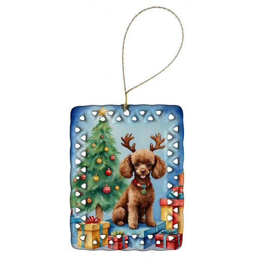 Chocolate Toy Poodle Christmas Reindeer Porcelain Ornament Christmas Tree Hanging Decorations for Home Christmas Holiday, Rectangle, Gift, Multicolor - DTYStore