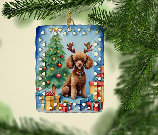 Chocolate Toy Poodle Christmas Reindeer Porcelain Ornament Christmas Tree Hanging Decorations for Home Christmas Holiday, Rectangle, Gift, Multicolor - DTYStore