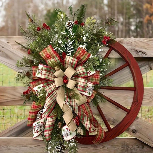 1pc Christmas Red Wagon Wheel Wreath, Front Door Reusable Vintage Xmas Garland, Artificial Flower Funny Outdoor Indoor Xmas Tree Decor - DTYStore