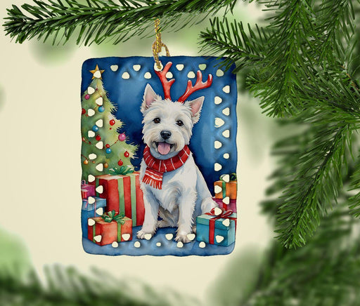 Westie Christmas Reindeer Porcelain Ornament Christmas Tree Hanging Decorations for Home Christmas Holiday, Rectangle, Gift, Multicolor - DTYStore