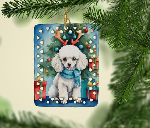 White Toy Poodle Christmas Reindeer Porcelain Ornament Christmas Tree Hanging Decorations for Home Christmas Holiday, Rectangle, Gift, Multicolor - DTYStore