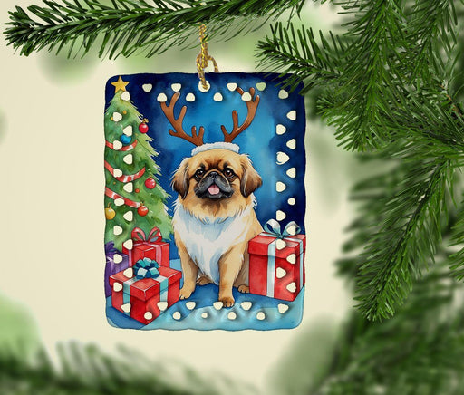 Pekingese Christmas Reindeer Porcelain Ornament Christmas Tree Hanging Decorations for Home Christmas Holiday, Rectangle, Gift, Multicolor - DTYStore