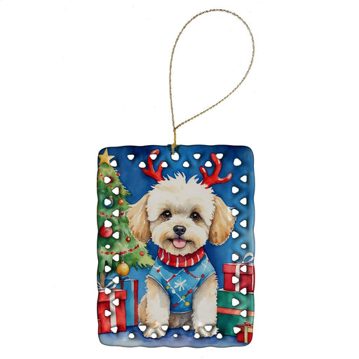 Maltipoo Christmas Reindeer Porcelain Ornament Christmas Tree Hanging Decorations for Home Christmas Holiday, Rectangle, Gift, Multicolor - DTYStore