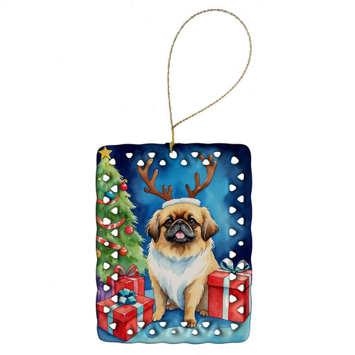 Pekingese Christmas Reindeer Porcelain Ornament Christmas Tree Hanging Decorations for Home Christmas Holiday, Rectangle, Gift, Multicolor - DTYStore