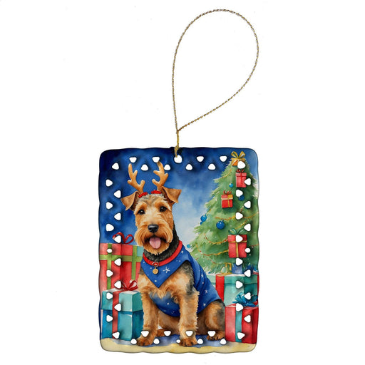 Welsh Terrier Christmas Reindeer Porcelain Ornament Christmas Tree Hanging Decorations for Home Christmas Holiday, Rectangle, Gift, Multicolor - DTYStore