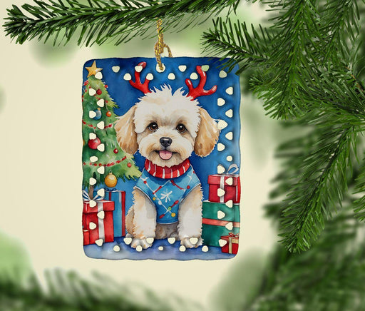 Maltipoo Christmas Reindeer Porcelain Ornament Christmas Tree Hanging Decorations for Home Christmas Holiday, Rectangle, Gift, Multicolor - DTYStore