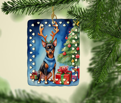 Miniature Pinscher Christmas Reindeer Porcelain Ornament Christmas Tree Hanging Decorations for Home Christmas Holiday, Rectangle, Gift, Multicolor - DTYStore