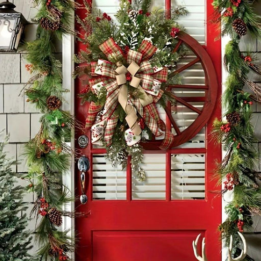 1pc Christmas Red Wagon Wheel Wreath, Front Door Reusable Vintage Xmas Garland, Artificial Flower Funny Outdoor Indoor Xmas Tree Decor - DTYStore