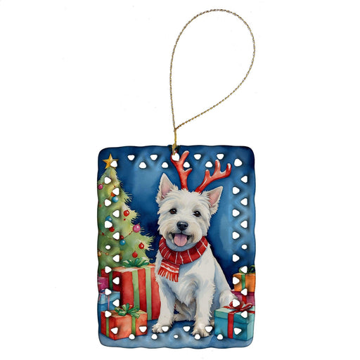 Westie Christmas Reindeer Porcelain Ornament Christmas Tree Hanging Decorations for Home Christmas Holiday, Rectangle, Gift, Multicolor - DTYStore