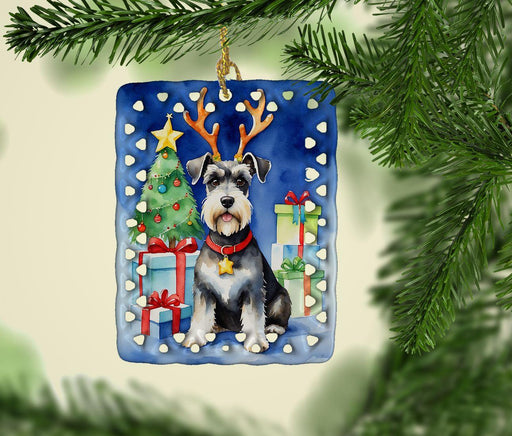 Schnauzer Christmas Reindeer Porcelain Ornament Christmas Tree Hanging Decorations for Home Christmas Holiday, Rectangle, Gift, Multicolor - DTYStore