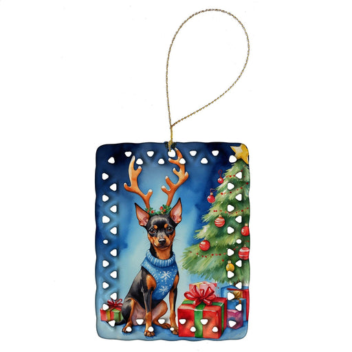 Miniature Pinscher Christmas Reindeer Porcelain Ornament Christmas Tree Hanging Decorations for Home Christmas Holiday, Rectangle, Gift, Multicolor - DTYStore