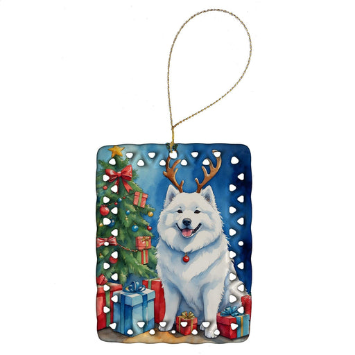 Samoyed Christmas Reindeer Porcelain Ornament Christmas Tree Hanging Decorations for Home Christmas Holiday, Rectangle, Gift, Multicolor - DTYStore