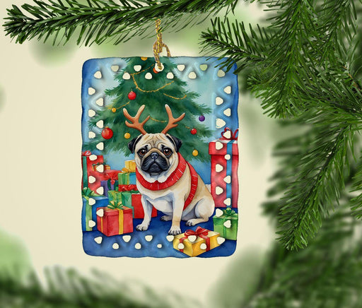 Pug Christmas Reindeer Porcelain Ornament Christmas Tree Hanging Decorations for Home Christmas Holiday, Rectangle, Gift, Multicolor - DTYStore