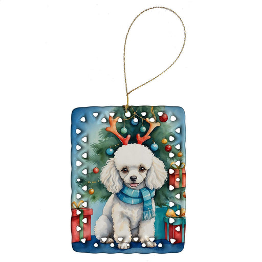 White Toy Poodle Christmas Reindeer Porcelain Ornament Christmas Tree Hanging Decorations for Home Christmas Holiday, Rectangle, Gift, Multicolor - DTYStore