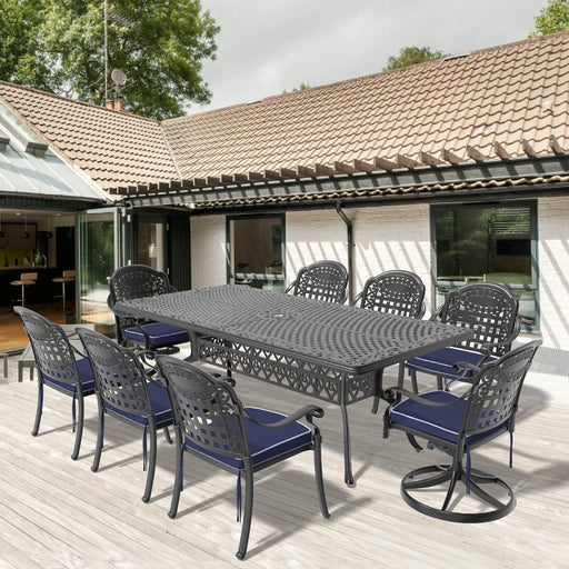 9-Piece All-Weather Cast Aluminum Dining Set, Include 2 Swivel Chairs,6 Dining Chairs and Rectangular Table With Black Frame - DTYStore