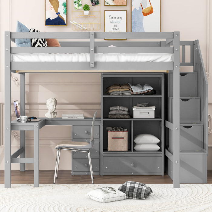 Full Size Loft Bed with L-Shaped Desk and Drawers, Cabinet and Storage Staircase, Gray - DTYStore