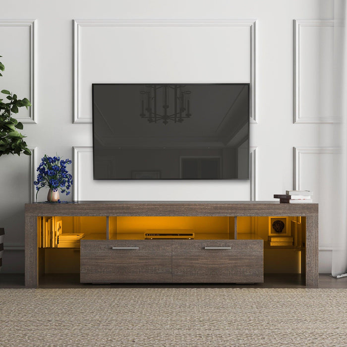 FashionTVstandTVcabinet,EntertainmentCenter,TVstationTV console,media console,with LEDlight belt,light belt remote control,toughenedglassshelf,metal handle,Canbeplaced in the living room,bedroom,brown