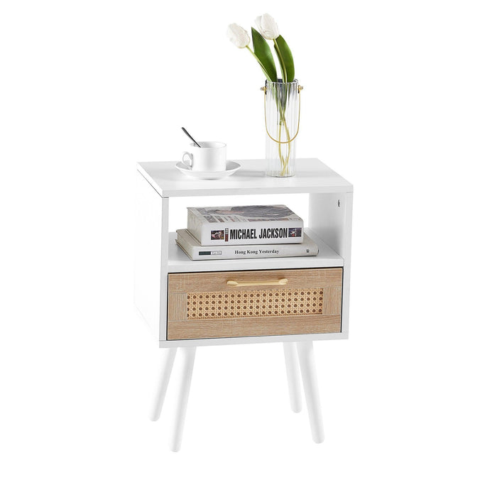 15.75" Rattan End table with drawer and solid wood legs, Modern nightstand, side table for living room, bedroom, white - DTYStore