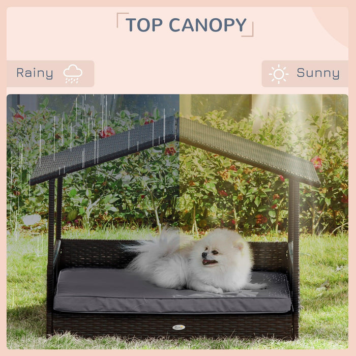 Wicker Dog House Outdoor with Canopy, Rattan Dog Bed with Water-resistant Cushion, for Small and Medium Dogs, Gray - DTYStore