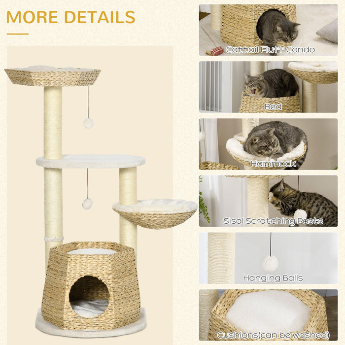 47" Cat Tree Kitty Activity Center, Cat Climbing Toy with Cattail Fluff, Bed, Condo, Sisal Scratching Post, and Hanging Ball, Natural