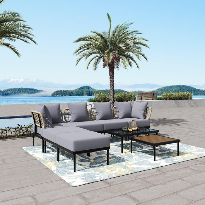 8-Piece Patio Sectional Sofa Set with Tempered Glass and Wooden Coffee Tables for Outdoor Oasis