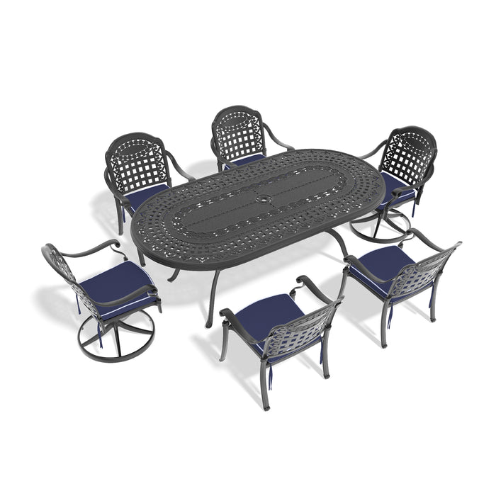 7-Piece All-Weather Cast Aluminum Dining Set, Include 2 Swivel Chairs,4 Dining Chairs and Oval Table With Black Frame - DTYStore