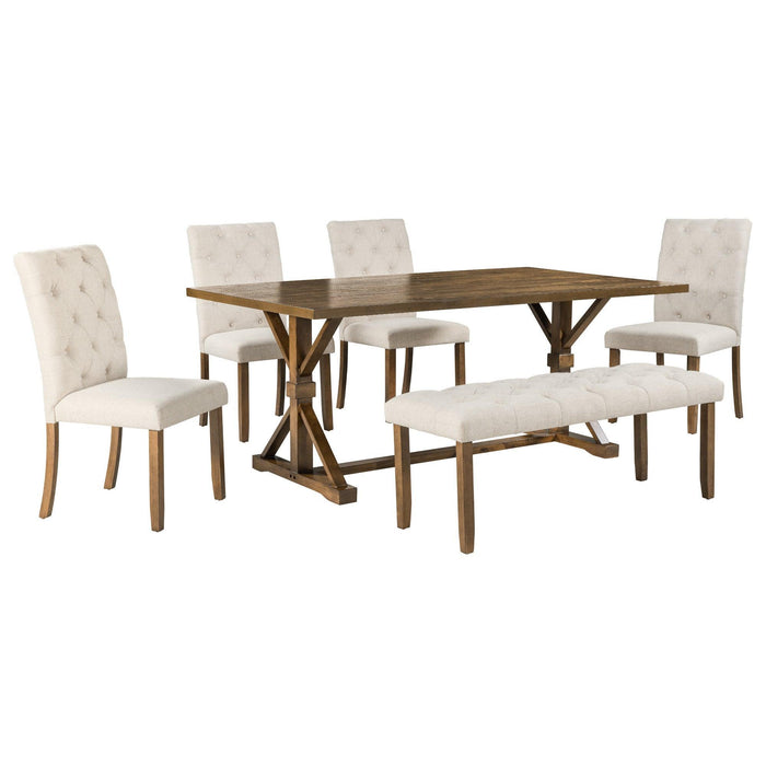 6-Piece Farmhouse Dining Table Set 72" Wood Rectangular Table with Upholstered Chairs and Bench