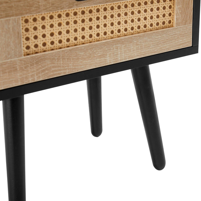 15.75" Rattan End table with drawer and solid wood legs, Modern nightstand, side table for living room, bedroom, black - DTYStore
