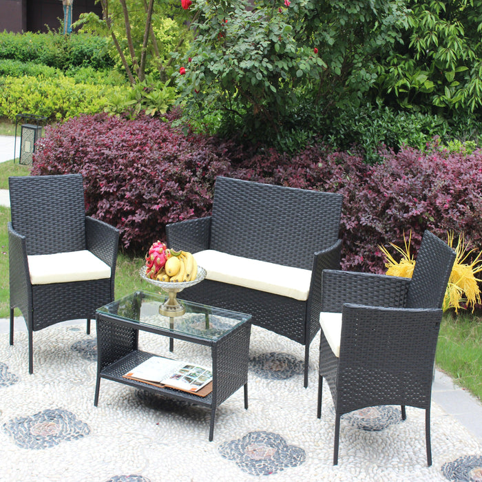 4 PC Rattan Patio Furniture Set Outdoor Patio Cushioned Seat Wicker Sofa (Beige Cushion) - DTYStore