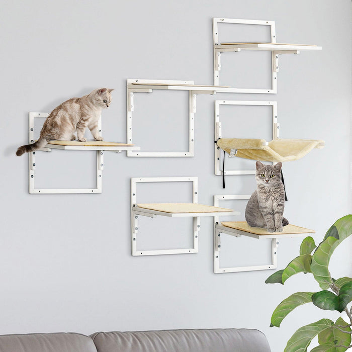 6-pc Modern Cat Wall Shelves for Indoor Cats, Height Adjustable Jumping Platforms & Cat Hammock, Cat Shelves and Perches for Wall-Mounted Cat Tree, Cat Climbing Shelf Set, Cream