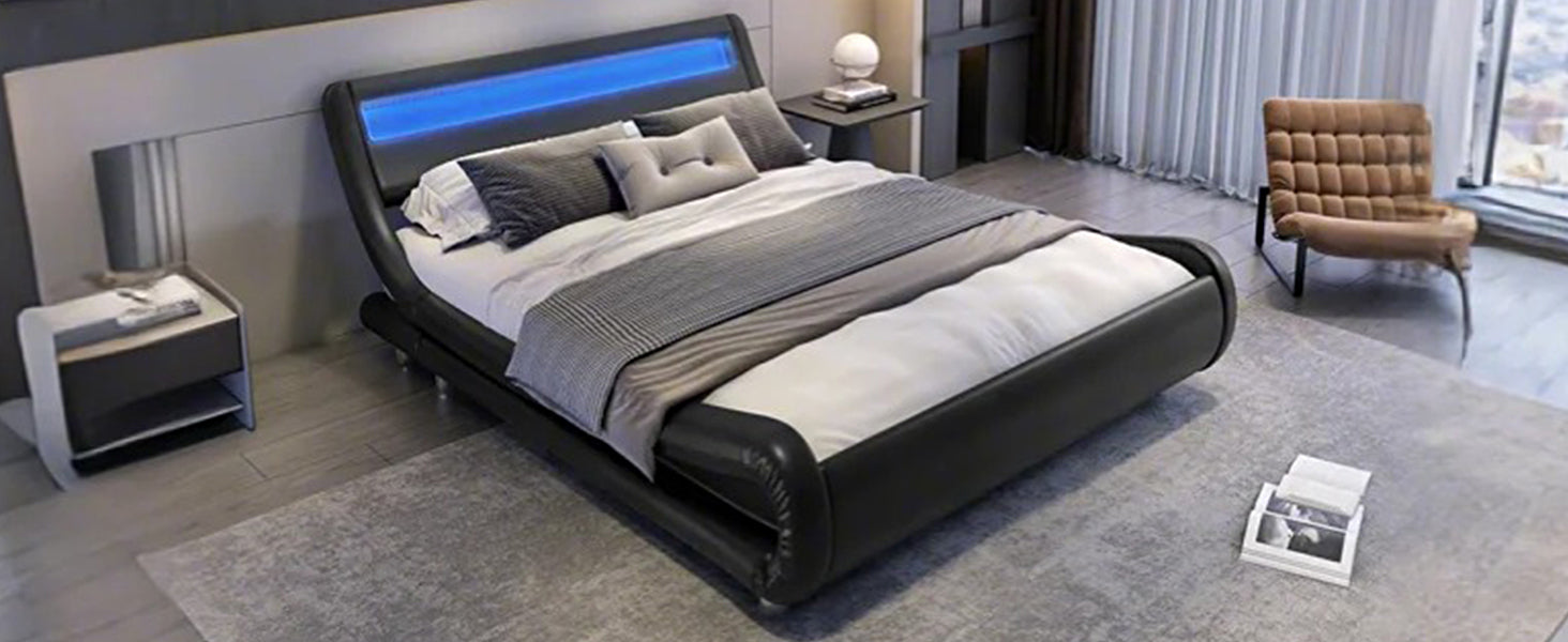 Full Bed Frame with Adjustable Headboard - Low Profile Sleigh Design, Strong Wood Slats Support and Mattress Foundation, No Box Spring Needed, Black - DTYStore